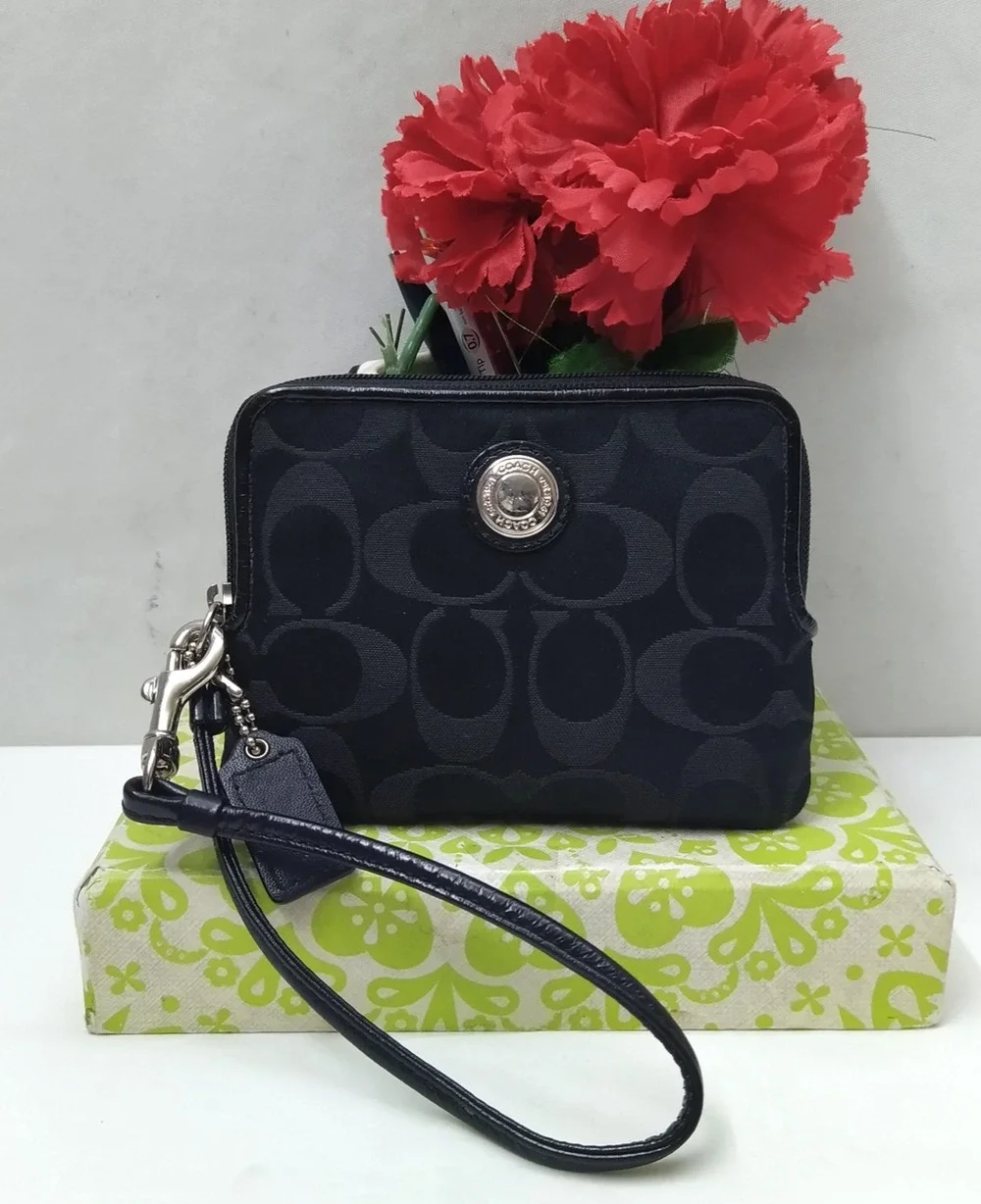 Coach Signature Black Canvas Credit Card Zip Around Square Wristlet Wallet